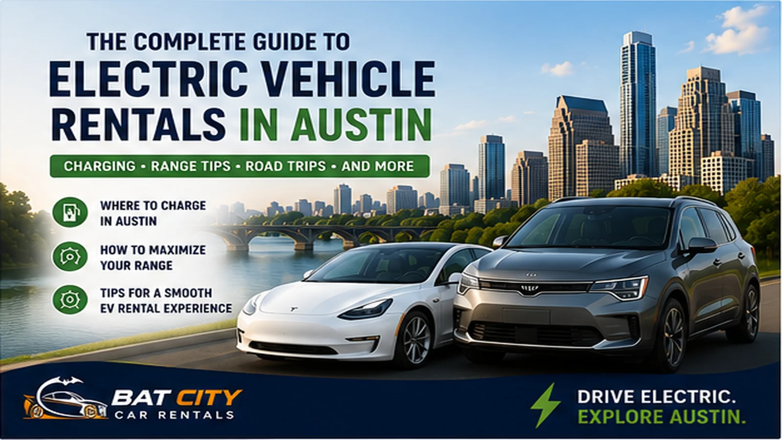 Electric vehicle rentals in Austin guide featuring EVs and the Austin skyline